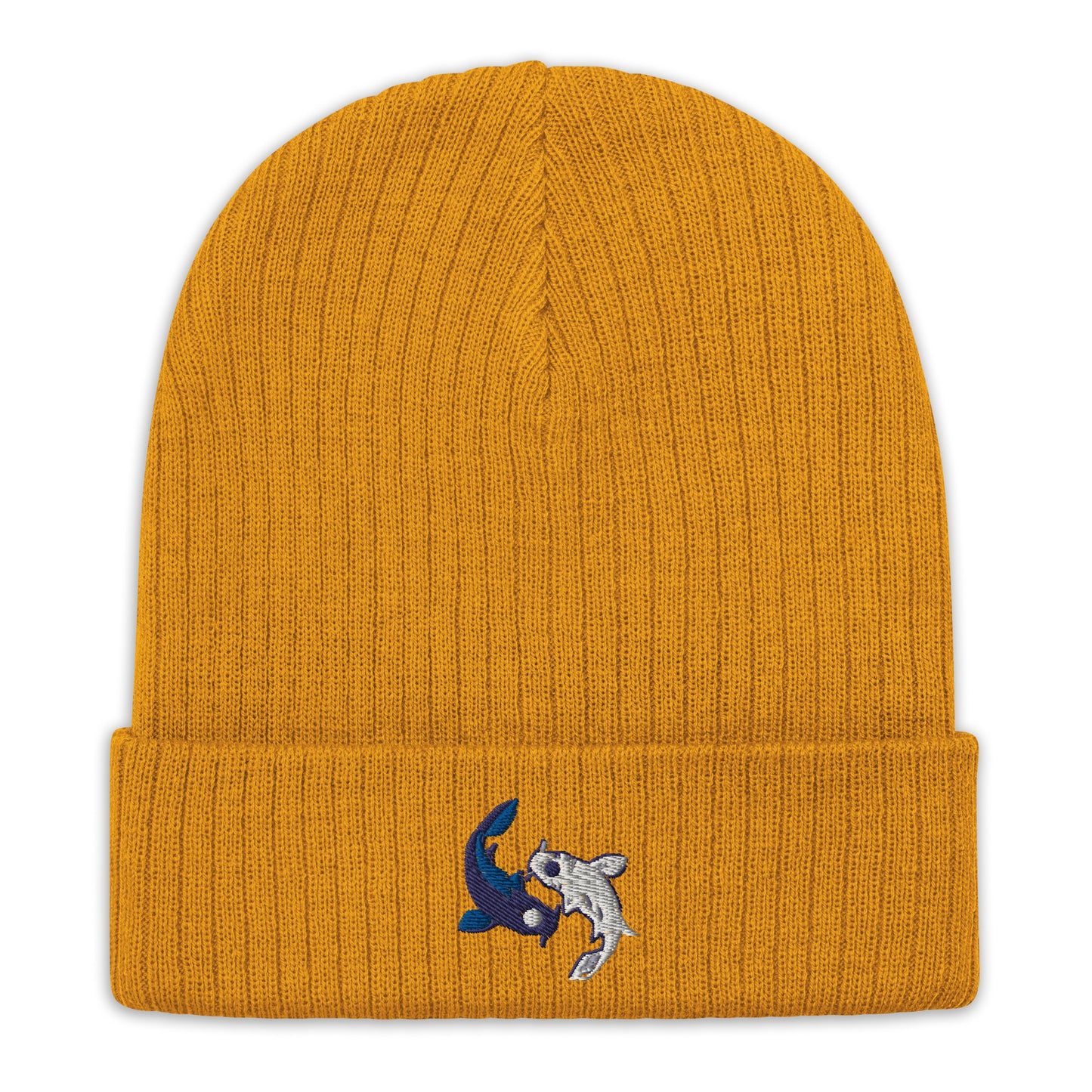 Koi fishes beanie yin yang embroidered Moon Spirit Oasis Ribbed knit